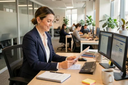 Responsable RH travaillant dans un open space moderne avec double écran et documents imprimés