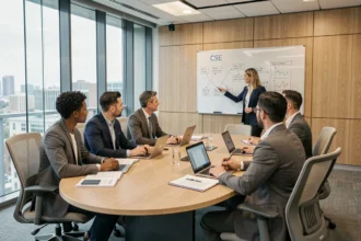Réunion du Comité Social et Économique (CSE) en entreprise autour d'une table de conférence avec des professionnels discutant de documents officiels