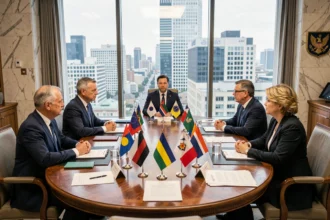 Réunion diplomatique internationale autour d'une grande table de conférence avec des dirigeants en costume sombre représentant plusieurs nations