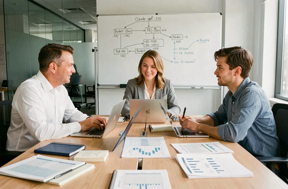 Équipe professionnelle collaborant sur l'élaboration d'un budget d'entreprise en salle de réunion