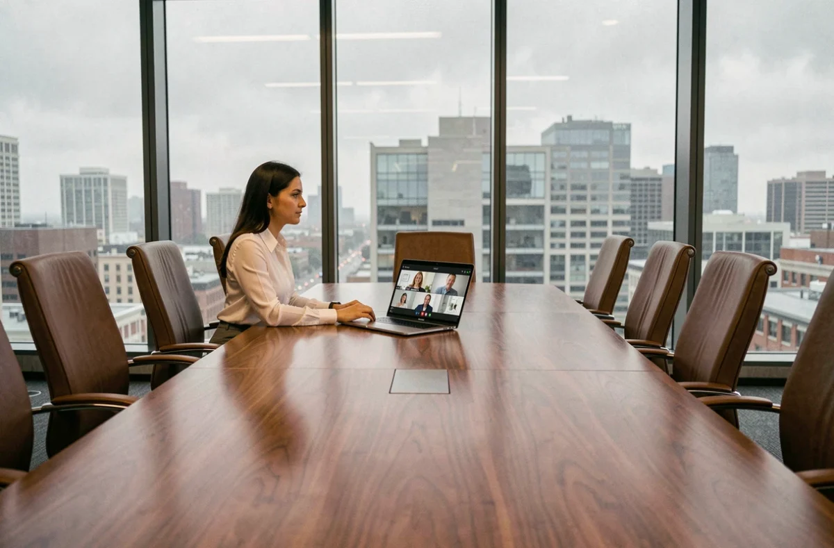 Femme cadre seule en réunion vidéo dans une grande salle de conférence vide illustrant les limites du télétravail