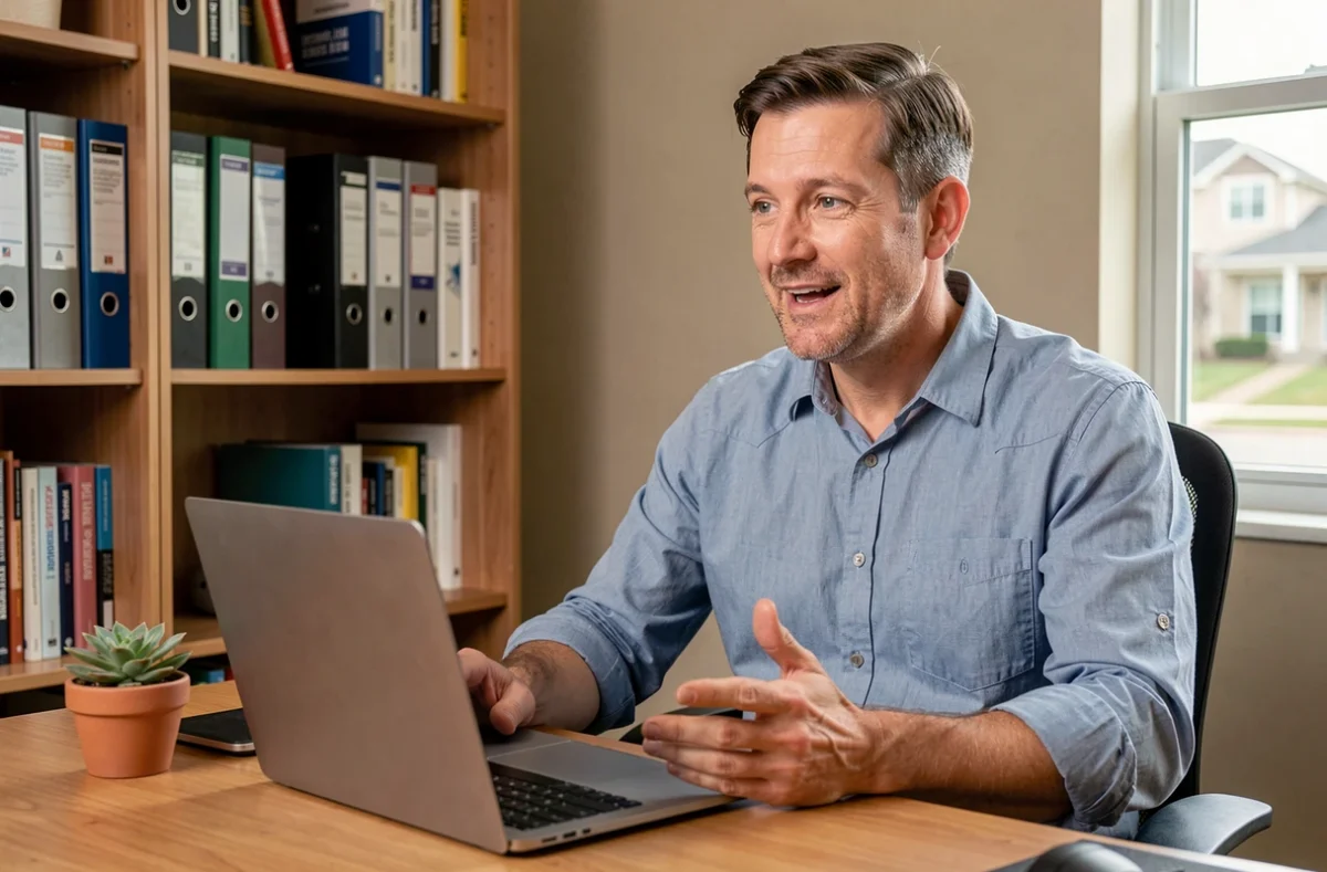 Professionnel RH en télétravail lors d'une visioconférence depuis son bureau à domicile