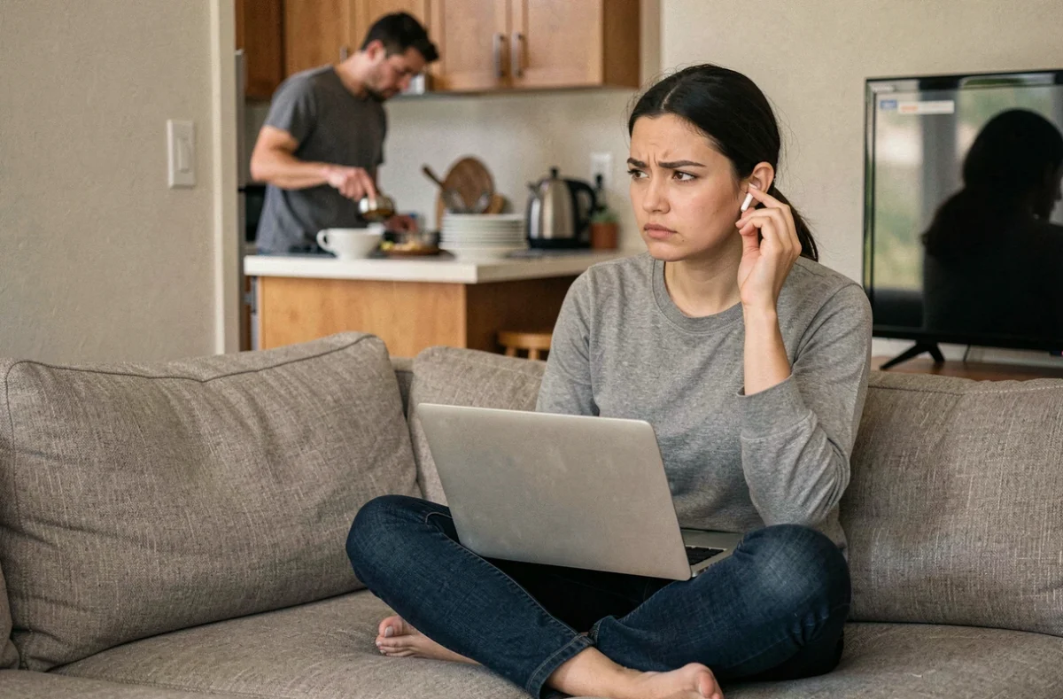 Jeune femme en télétravail sur son canapé dans un appartement partagé, illustrant les difficultés de concentration et la porosité entre vie professionnelle et personnelle