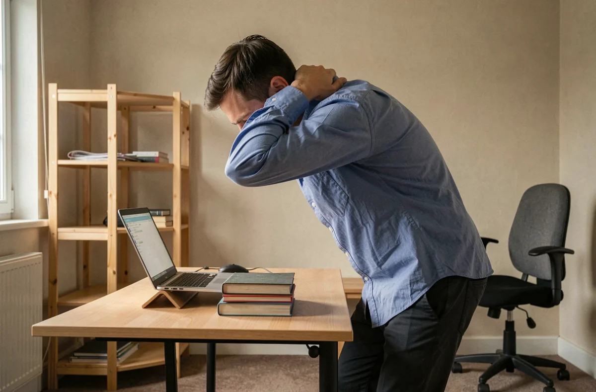 Homme en télétravail souffrant de douleurs cervicales dues à une mauvaise ergonomie à son bureau improvisé à domicile, risque physique du télétravail