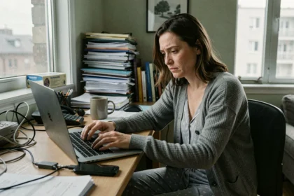 Femme fatiguée en télétravail assise à un bureau encombré dans son appartement, illustrant les risques de burn-out et d'isolement liés au travail à domicile