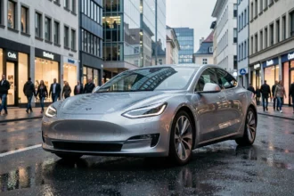 Berline électrique rivale de Tesla garée dans une rue urbaine pluvieuse à Munich, reflets sur carrosserie argentée