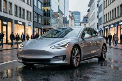 Berline électrique rivale de Tesla garée dans une rue urbaine pluvieuse à Munich, reflets sur carrosserie argentée