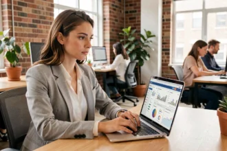 Jeune femme social media manager au travail devant son ordinateur dans un bureau moderne avec des tableaux de bord analytiques