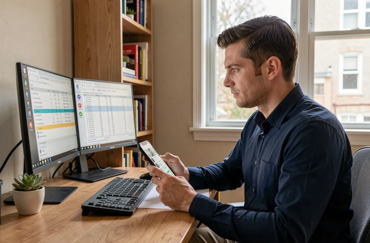 Homme en télétravail consultant des données salariales pour un poste de social media manager sur un bureau à domicile