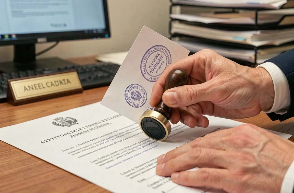 Gros plan de mains appliquant un tampon officiel sur un document administratif certifié