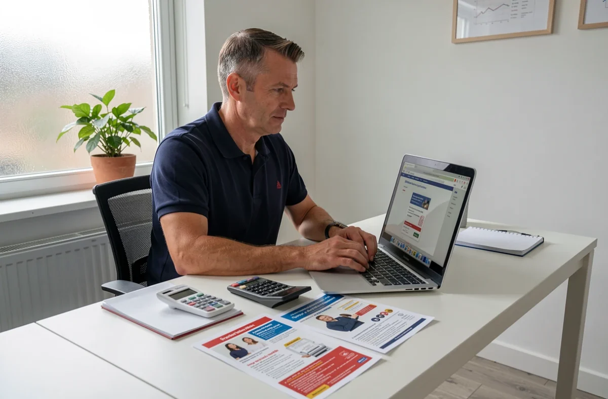Homme consultant les prix d'impression de flyers en ligne depuis son bureau à domicile