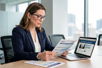 Femme d'affaires analysant les tarifs de publicité télévisée locale dans une salle de réunion professionnelle