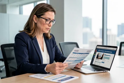 Femme d'affaires analysant les tarifs de publicité télévisée locale dans une salle de réunion professionnelle