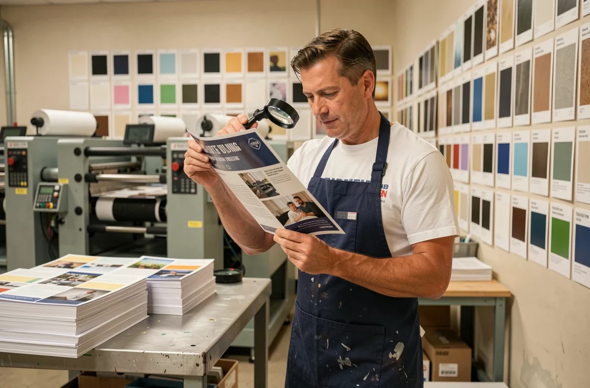 Technicien d'imprimerie inspectant un flyer glacé dans un atelier d'impression commercial