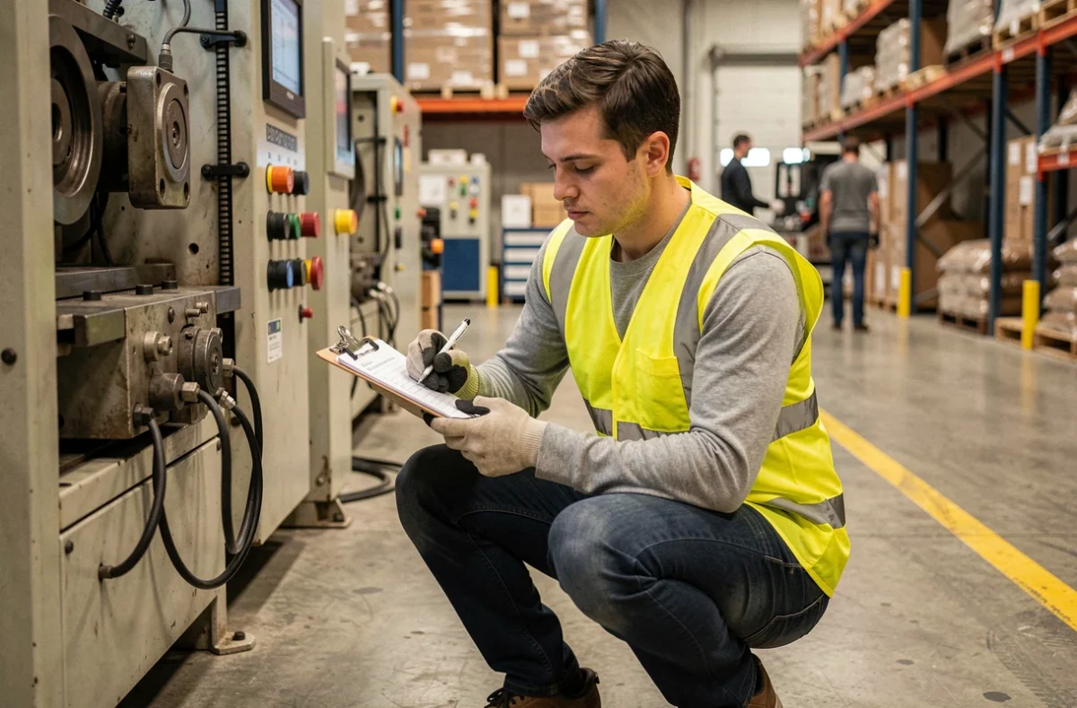 Jeune technicien qualité effectuant un audit sur une ligne de production en entrepôt industriel