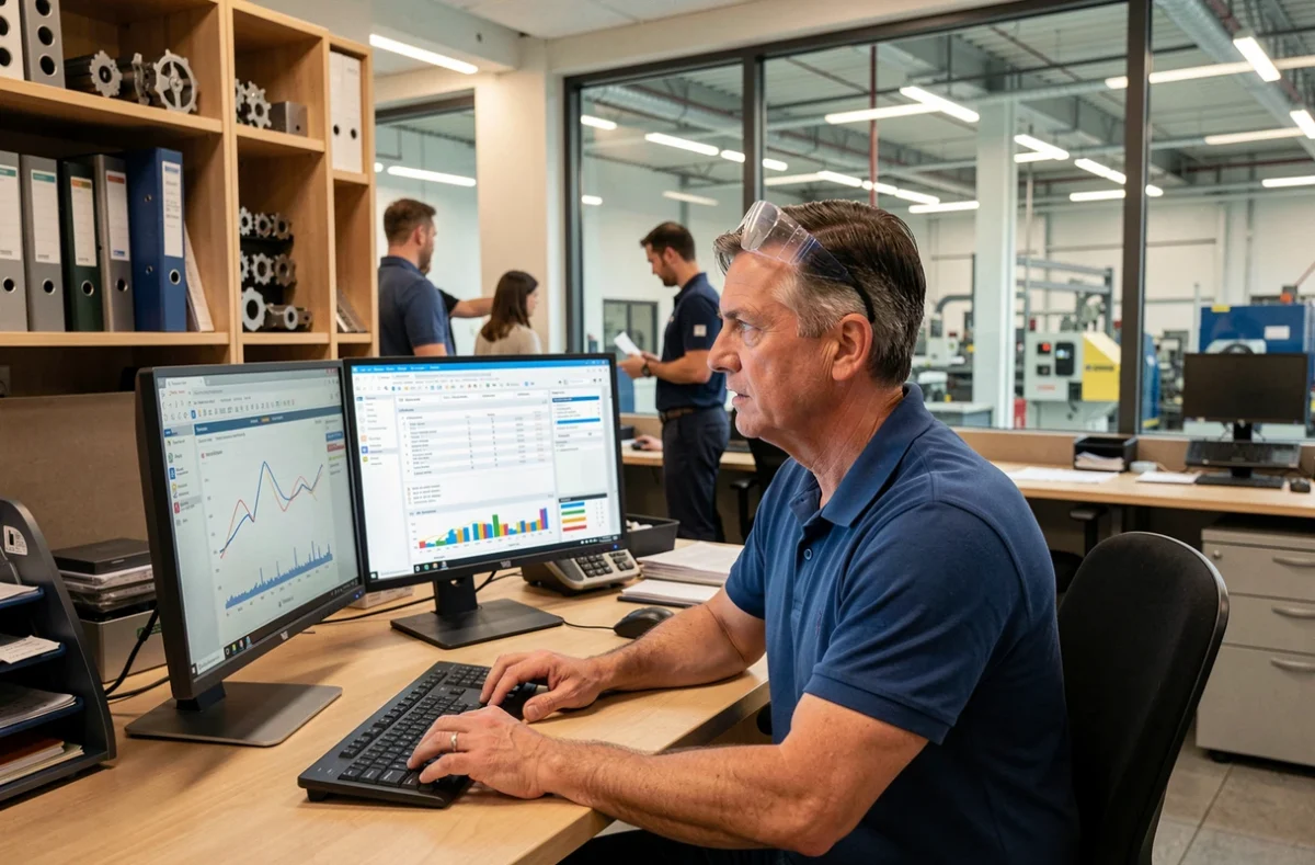 Technicien qualité analysant des rapports d'inspection sur ordinateur dans un bureau de contrôle qualité