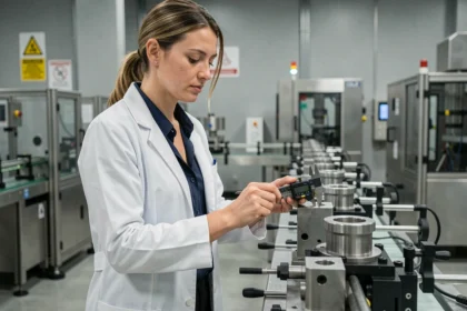 Technicienne qualité inspectant une pièce mécanique avec un pied à coulisse dans une usine industrielle