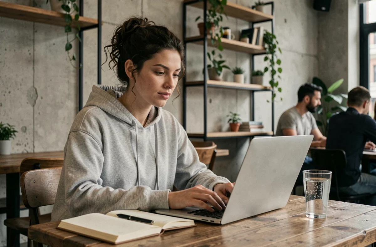 Jeune femme travaillant à distance depuis un café indépendant, laptop ouvert et carnet de notes posés sur une table en bois