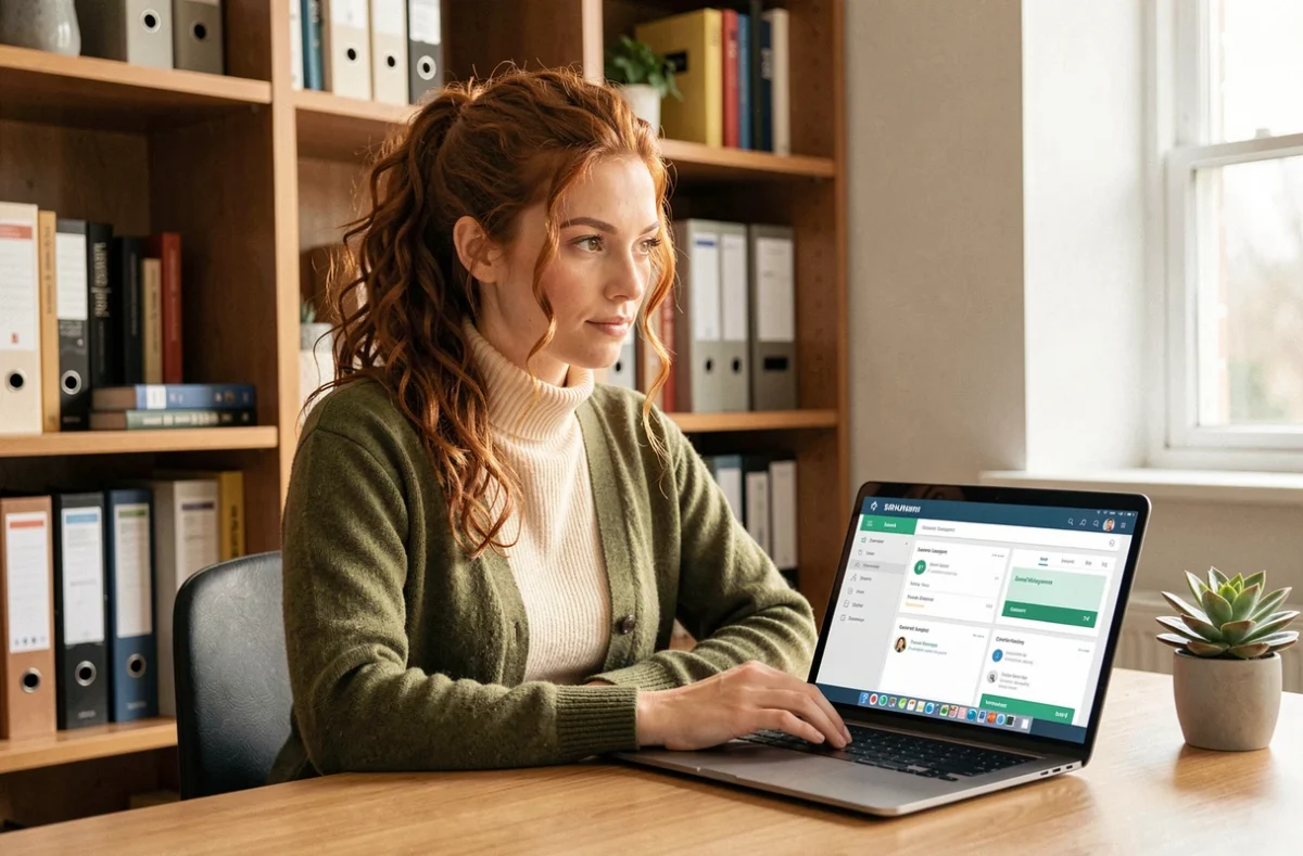 Professionnelle RH travaillant à domicile sur un logiciel SIRH de gestion des ressources humaines