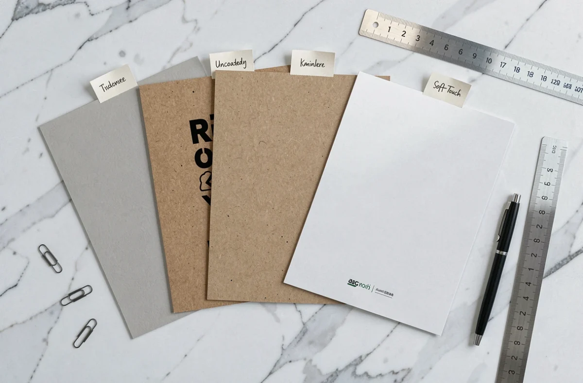 Comparatif de différents types de papier pour flyer en vue à plat sur marbre blanc